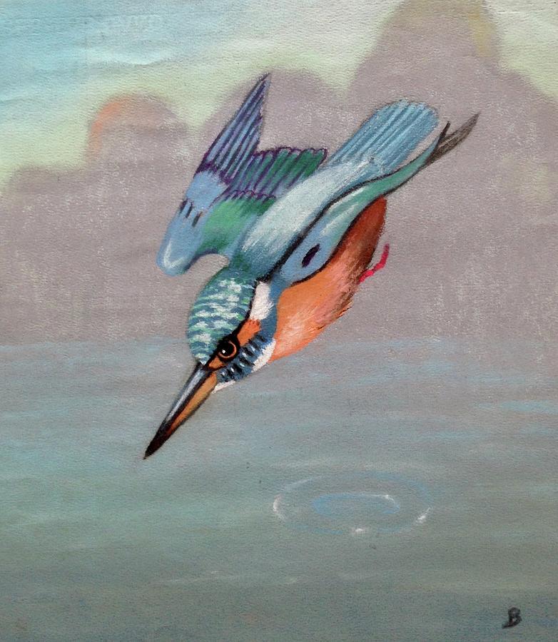 Kingfisher diving Pastel by Barbara Magor