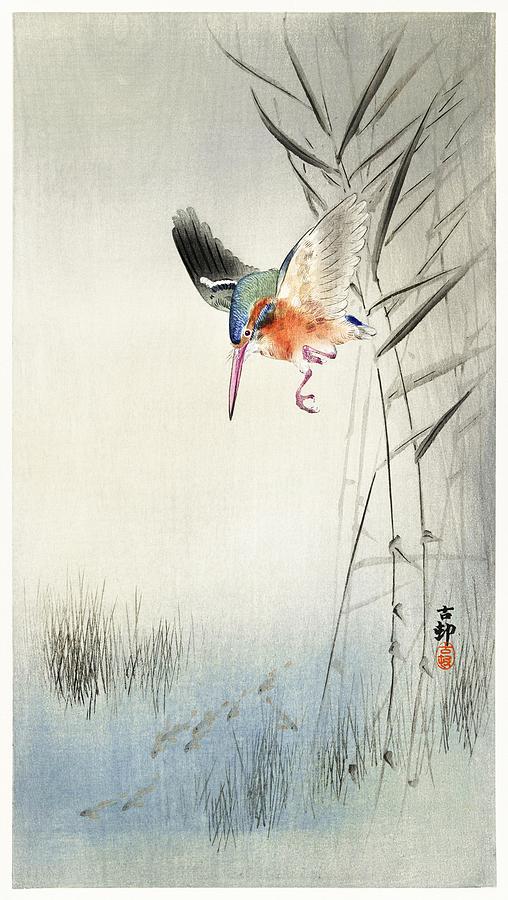 Kingfisher hunting for fish in the water 1900 by Ohara Koson 1877-1945 Painting by Les Classics