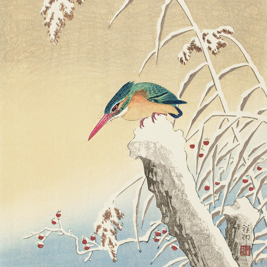 Ohara Koson Painting - Kingfisher in the snow by Ohara Koson