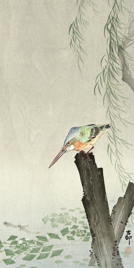 Ohara Koson Painting - Kingfisher on a tree stump by Ohara Koson