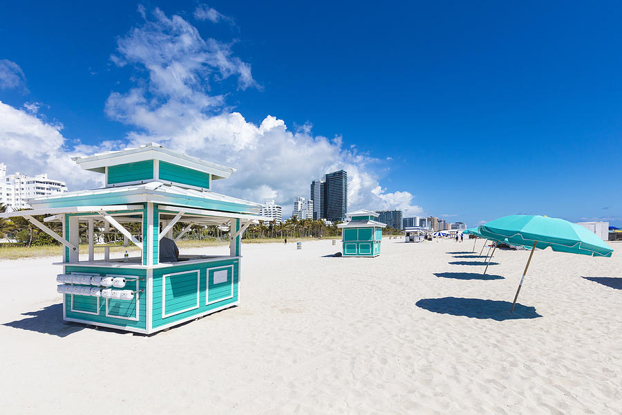Kiosk and beach umbrellas, South Beach, Miami, Florida, United States Photograph by Roberto Moiola / Sysaworld