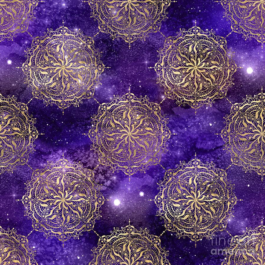 Kirana - Purple Gold Watercolor Mandala Galaxy Dharma Pattern Digital Art by Sambel Pedes