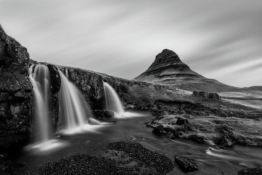 Kirkjufell Mountain and Kirkjufellsfoss Waterfall in Iceland in Black and White Photograph by Alexios Ntounas