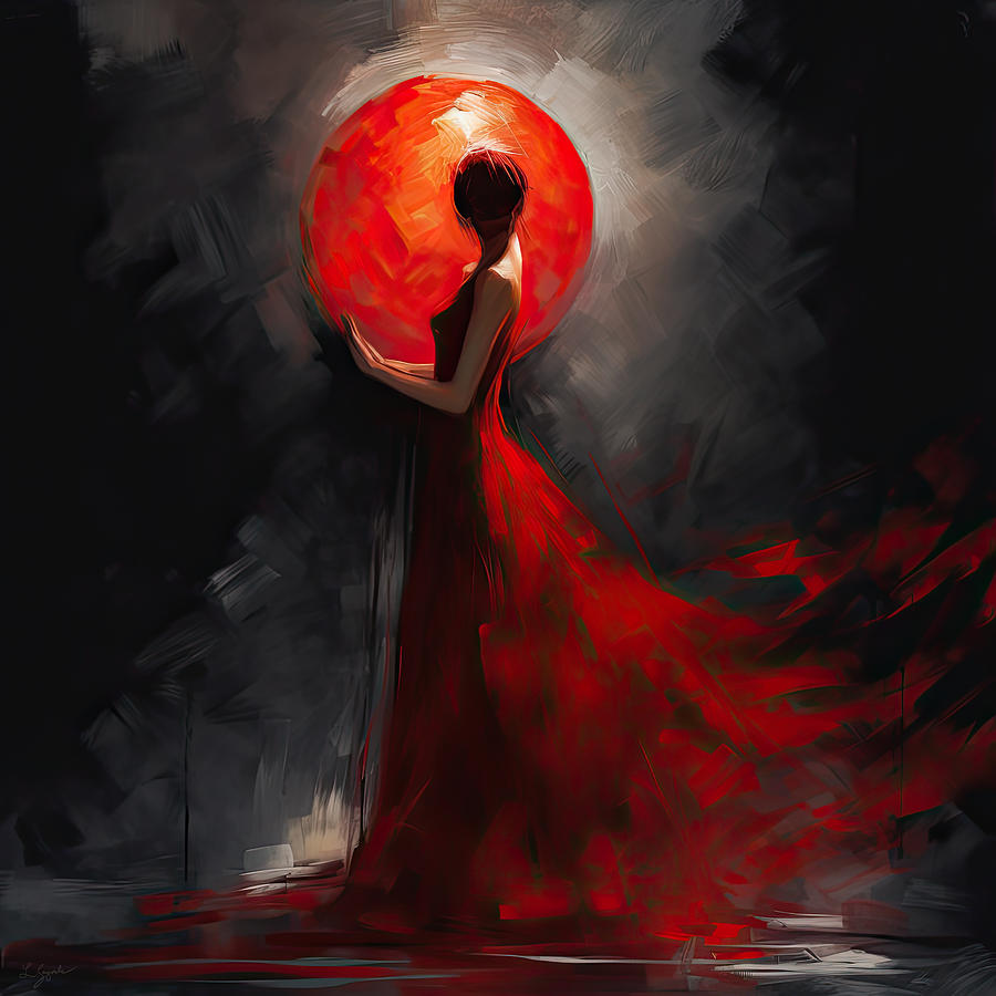Lady In Red Painting - Kiss To The Moon by Lourry Legarde