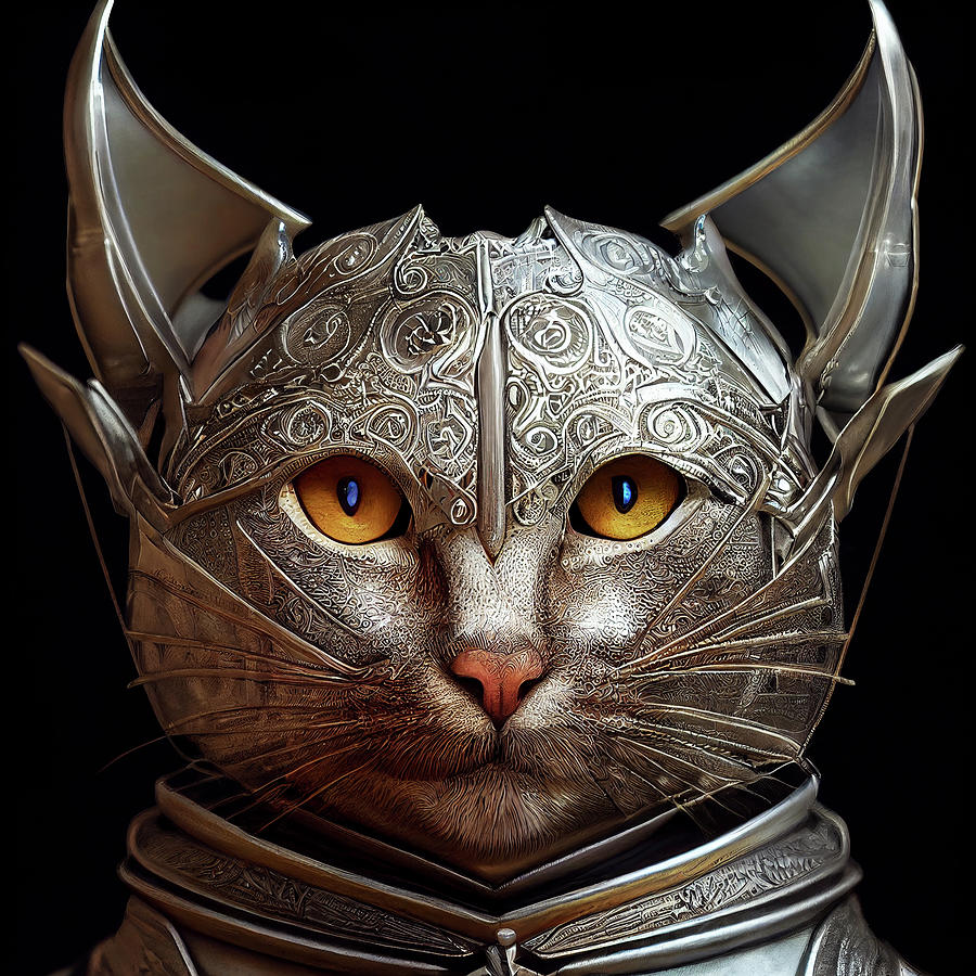 Kit the Fierce Silver Cat Warrior Digital Art by Peggy Collins