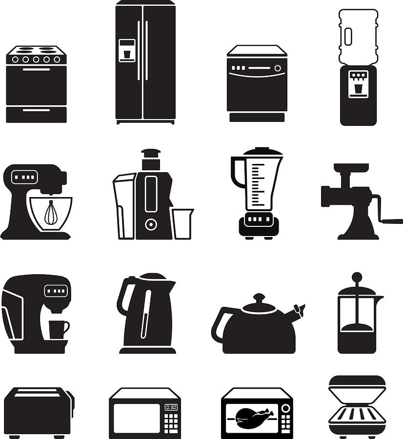 Kitchen appliances black & white royalty free vector icon set Drawing by Bubaone