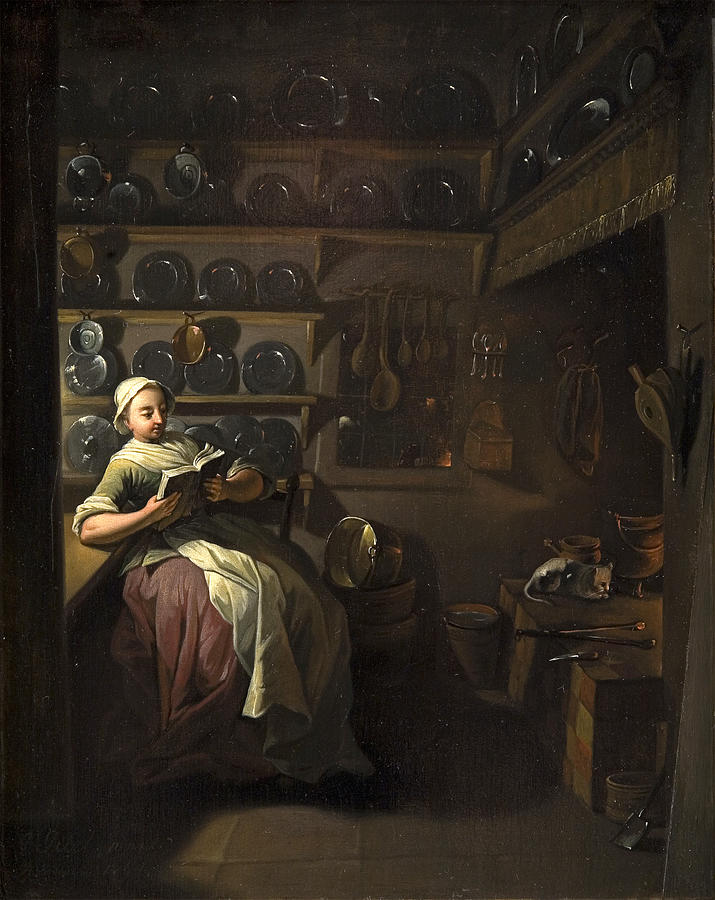 Kitchen Interior with a Girl Reading Painting by Jens Juel