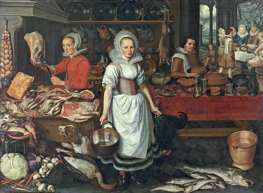 Kitchen Scene with the Parable of the Rich Man and Poor Lazarus Painting by Pieter Cornelisz van Rijck