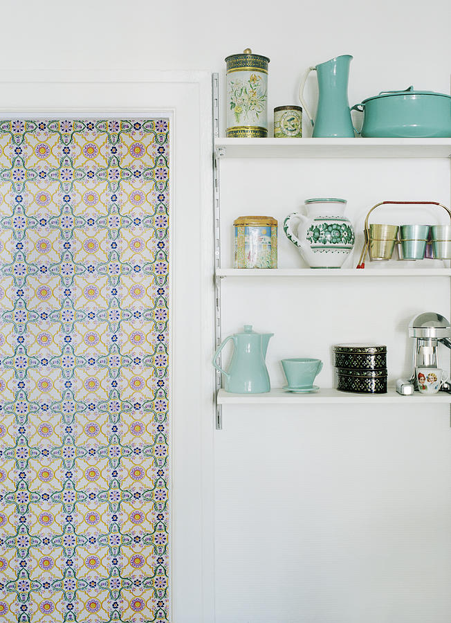 Kitchen shelves with crockery Photograph by Muriel de Seze
