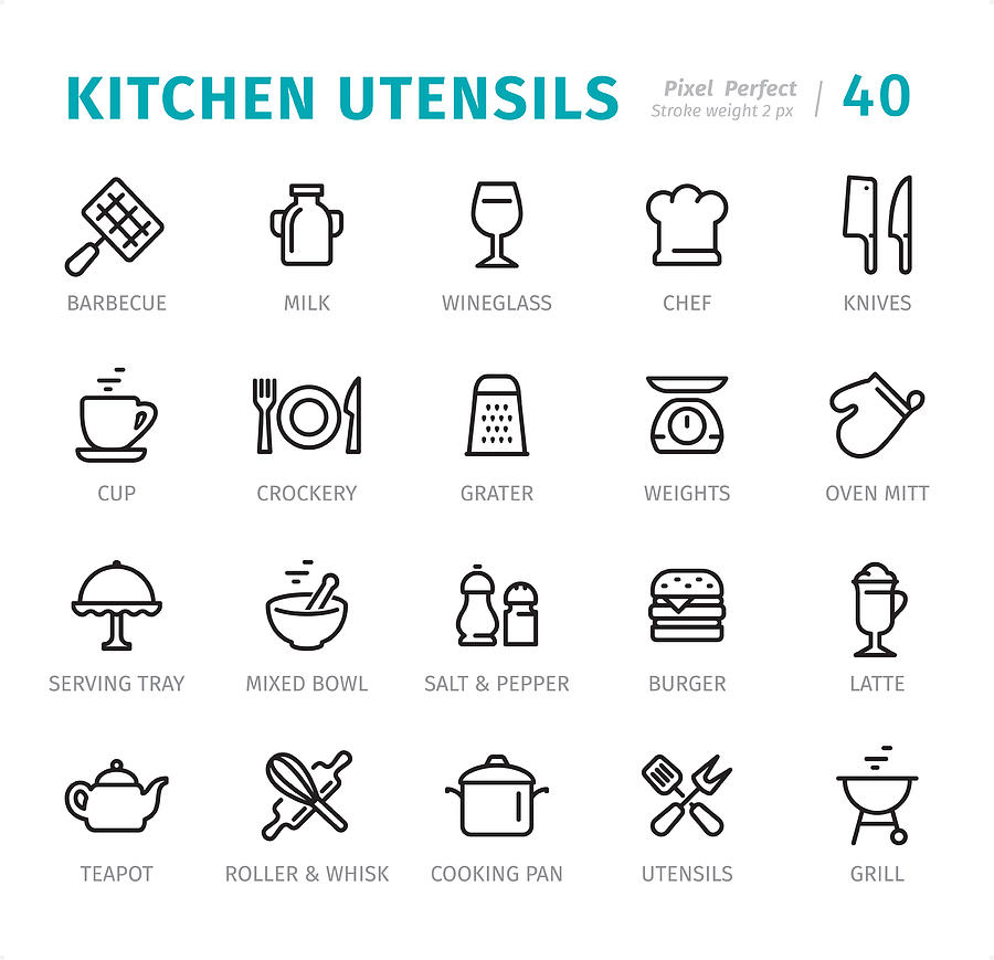 Kitchen Utensils - Pixel Perfect line icons with captions Drawing by Lushik