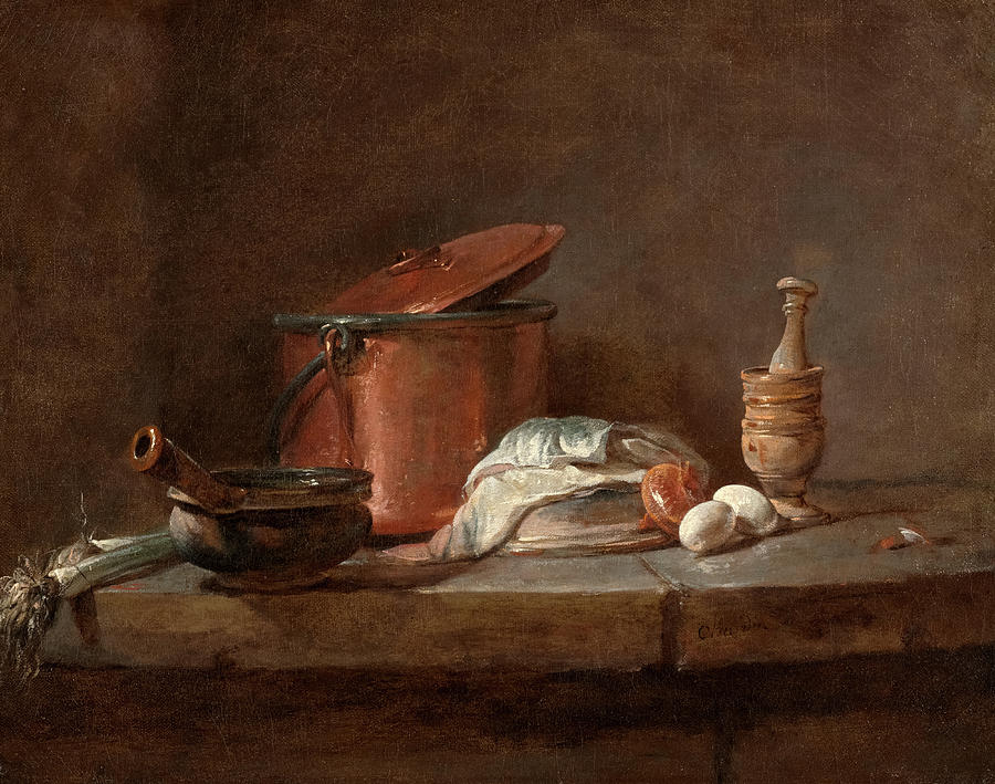 Kitchen Utensils With Leeks, Fish, And Eggs, 1734 Painting By Jean 