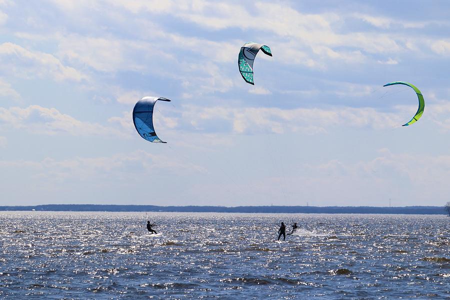 Kitesurfing Trio On The Lake Photograph