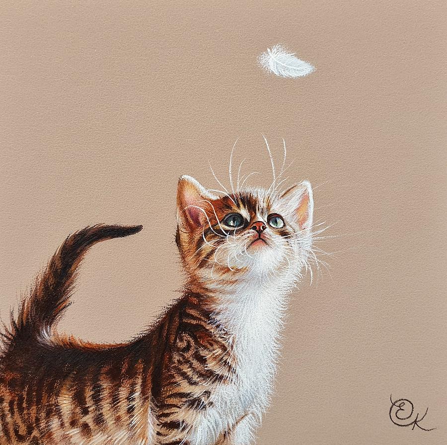 Feather Still Life Drawing - Kitten and feather by Elena Kolotusha