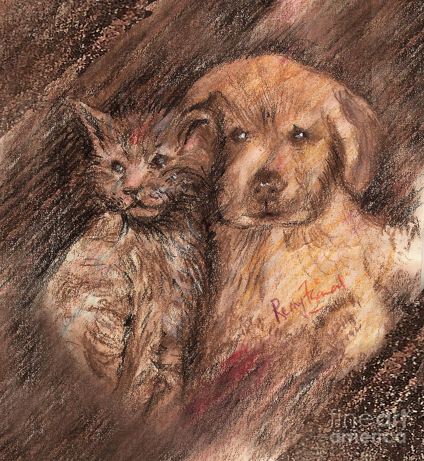 Kitten and Golden retriever pup pals Painting by Remy Francis