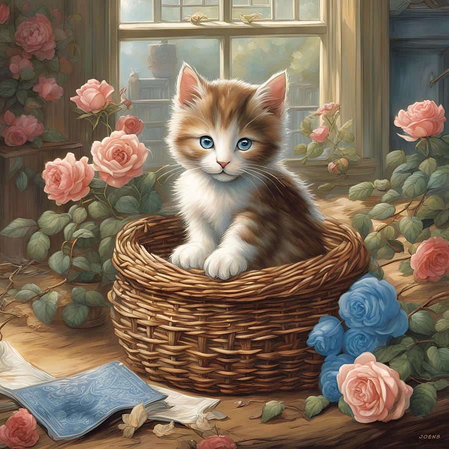 Kitten and Pink Roses Digital Art by Greg Joens - Pixels Merch