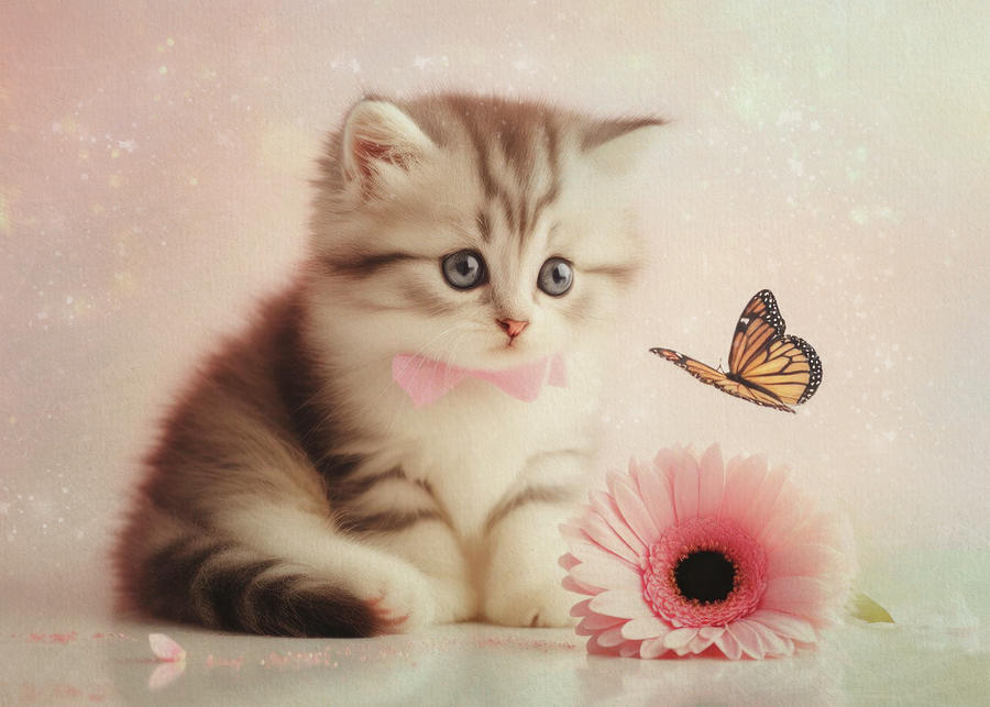 Kitten Butterfly Flower 2 Digital Art