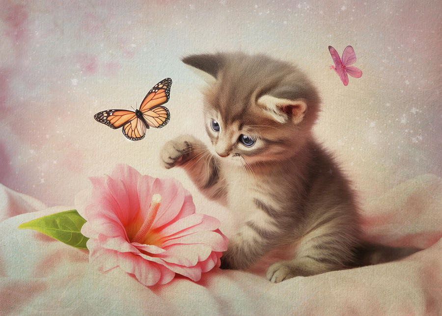 Kitten Butterfly Flower 3 Digital Art