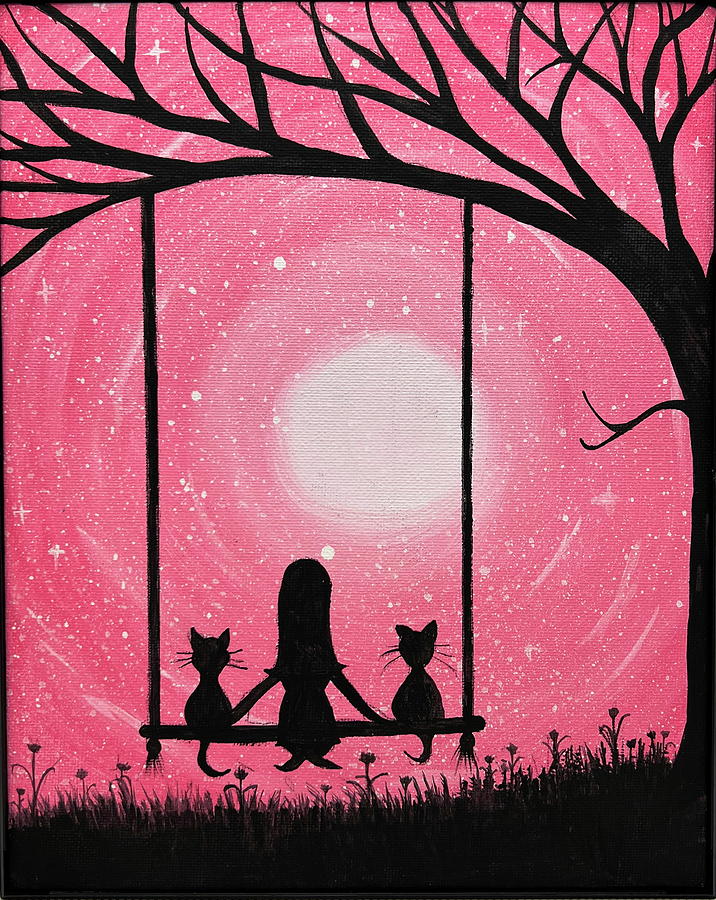 Kitten Dreams Under the Moonlight Painting by Ashish Mukherjee - Fine ...