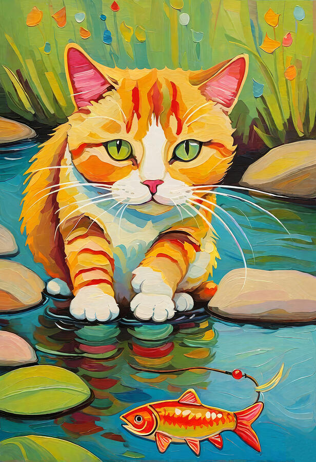 Fish Painting - Kitten goes fishing by My Head Cinema