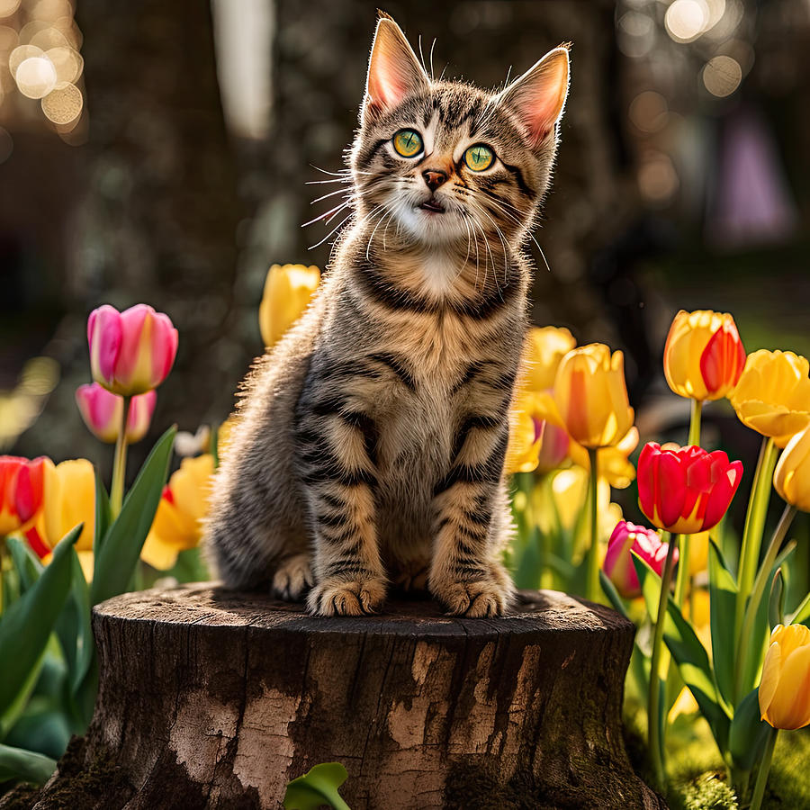 Kitten In a Garden with Spring Flowers Digital Art by Lily Malor - Fine ...