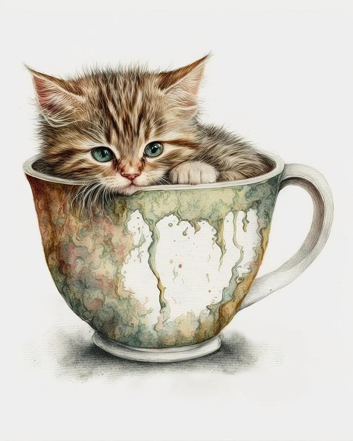 Kitten in a teacup Painting by Land of Dreams