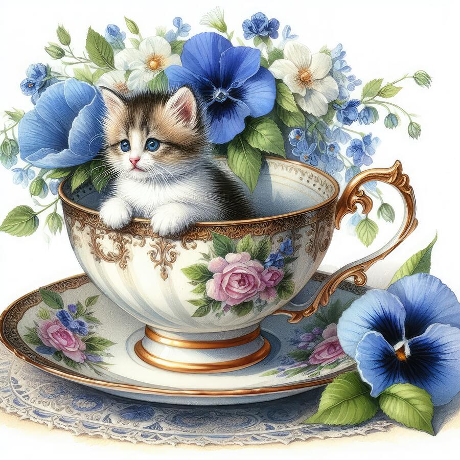 Cat Digital Art - Kitten in a Teacup by Kim Hojnacki