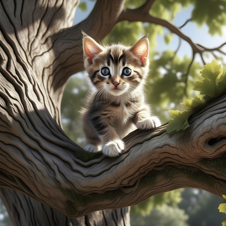 Kitten in a tree Digital Art by Ray Shrewsberry
