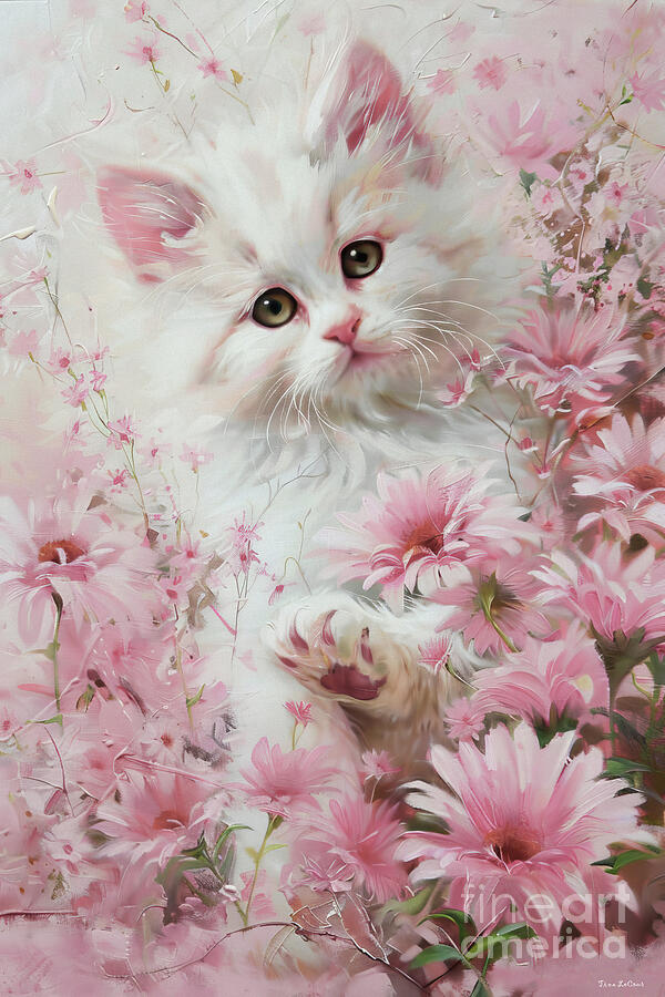Kitten In The Pink Daises Painting by Tina LeCour