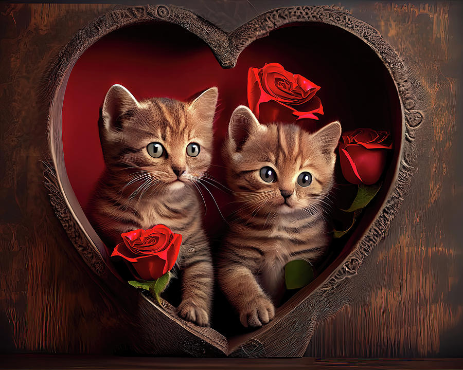 Kitten Roses and Valentine Digital Art by Lily Malor