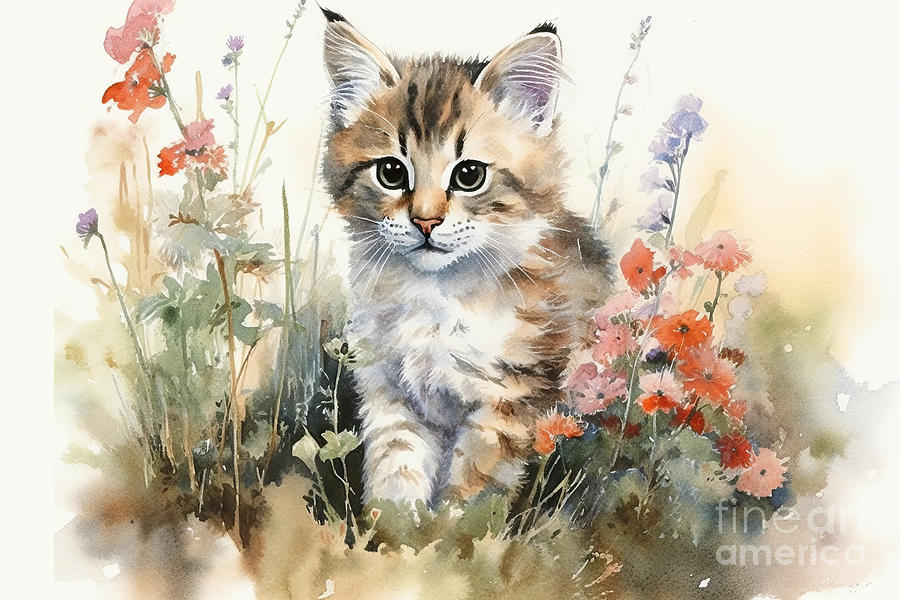 Nature Painting - Kitten With Wild Flowers, Watercolor Painting by N Akkash