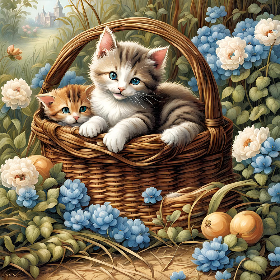 Kittens in a Basket Digital Art by Greg Joens