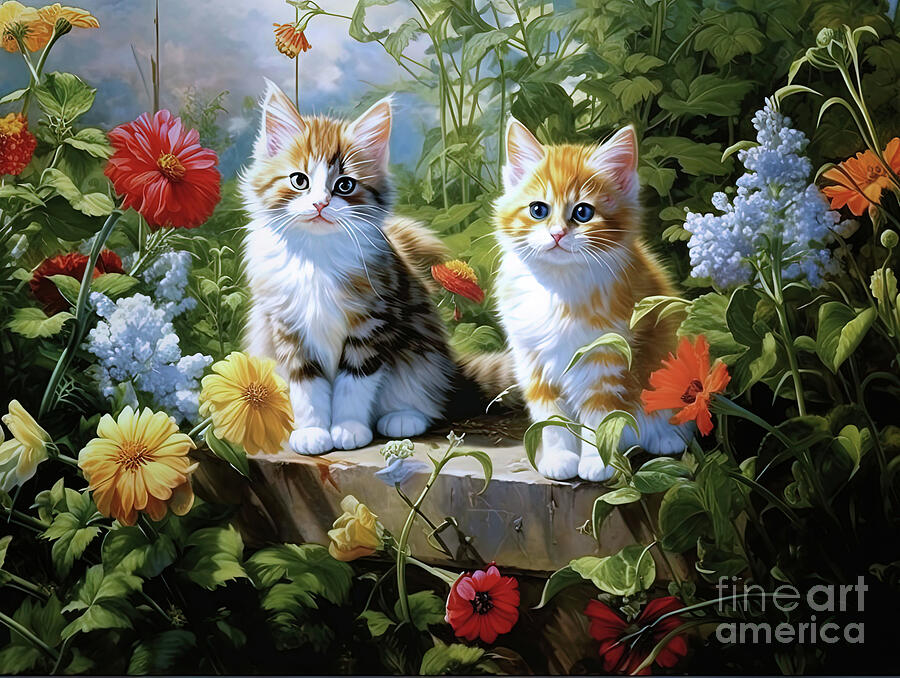 Kittens in the Garden Digital Art by Elaine Manley