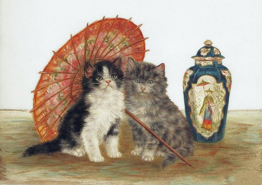 Kittens with a Parasol Mixed Media by Bessie Bamber