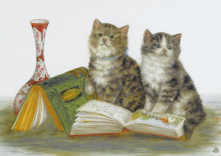 Kittens with Books and Vase Mixed Media by Bessie Bamber
