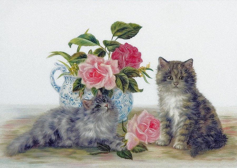Cat Mixed Media - Kittens with Roses by Bessie Bamber