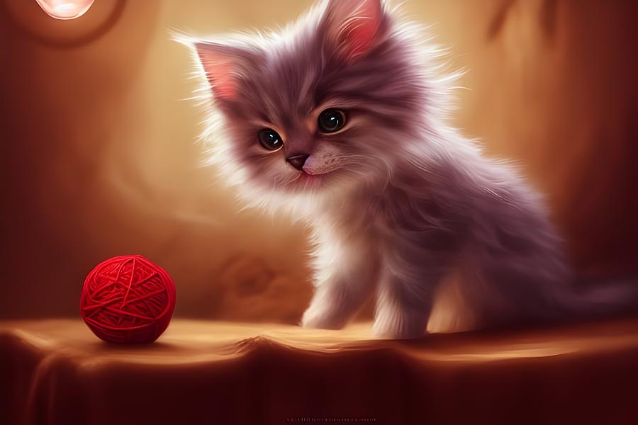 Kitty and Yarn Ball Digital Art by Beverly Read
