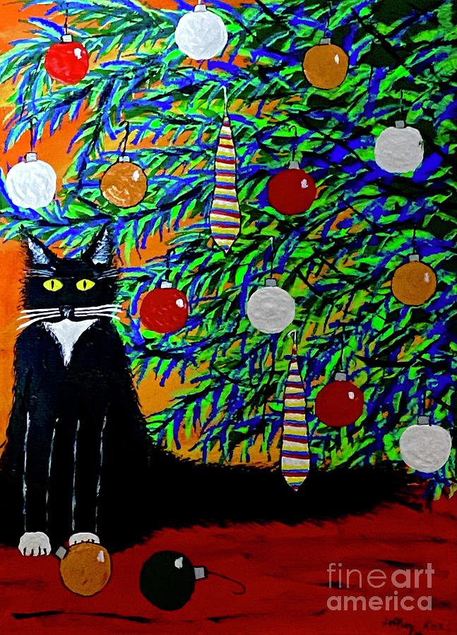  Kitty Cat Vs. Christmas Tree Painting by Jeffrey Koss