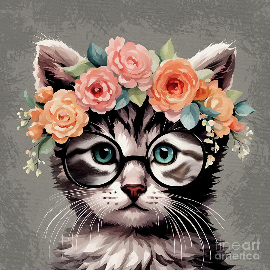 Flower Digital Art - Kitty Catherine Tabby Cat Wearing Glasses by Tina Lavoie