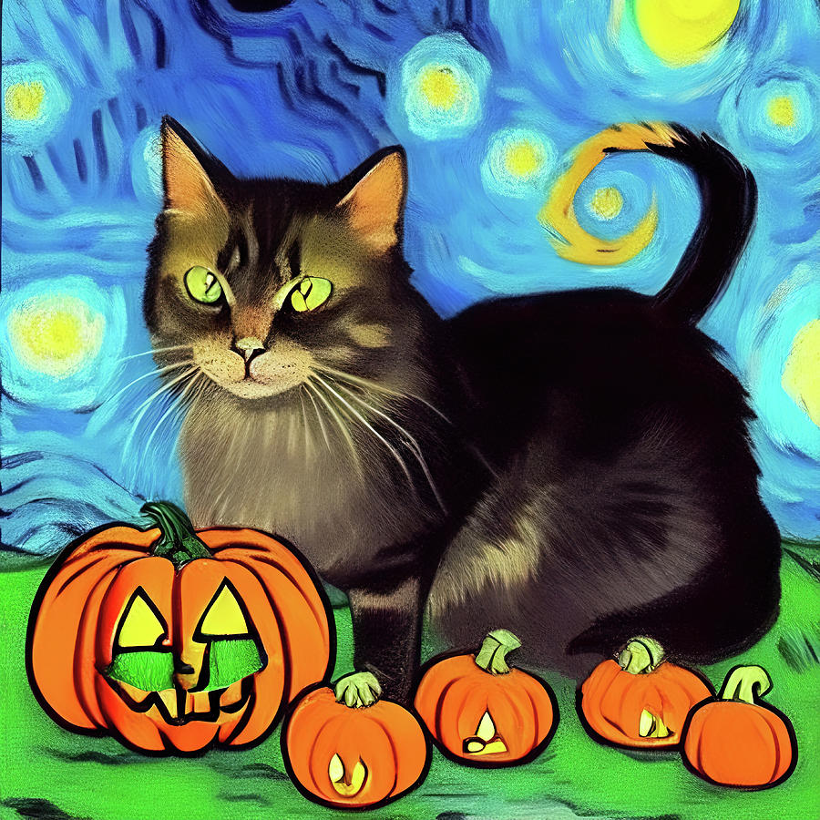 Kitty in the pumpkin field Digital Art by Tatiana Travelways