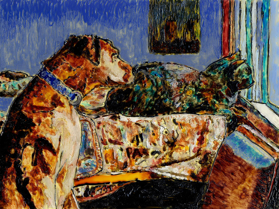 Kitty the dog and Tempest the cat Painting by Phil Strang