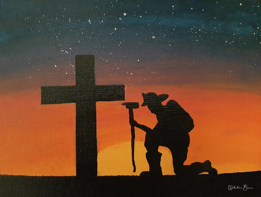 Kneeling Firefighter at the Cross Painting by Tony Baca
