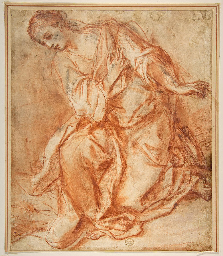 Kneeling Woman Drawing by Attributed to Mattia Preti