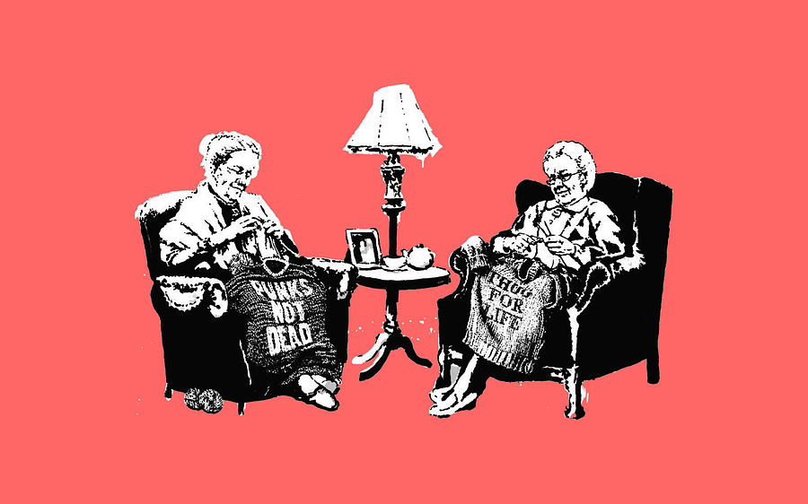 Knitting Grannies Painting by My Banksy