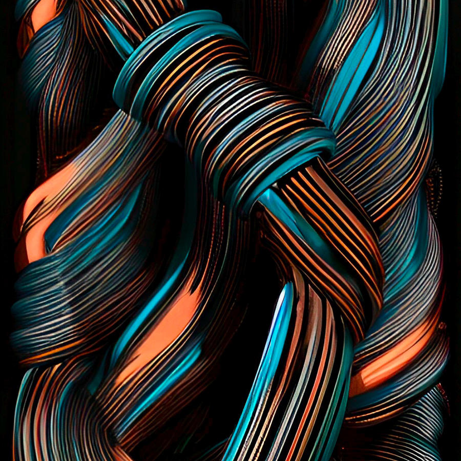 Knotted I - turquoise ochre coral teal 3d art and home decor Digital Art by Bonnie Bruno
