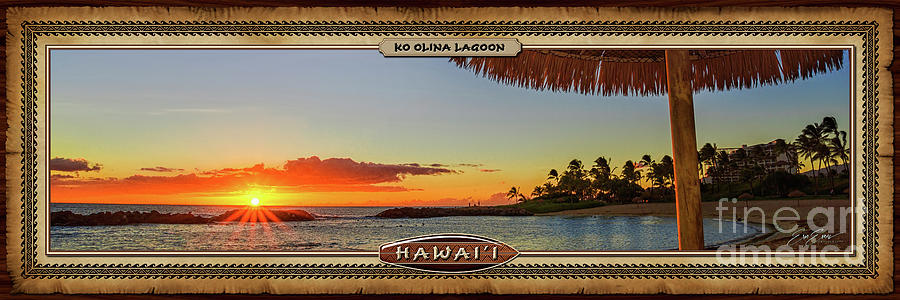Ko Olina Lagoon Sunset Under a Bamboo Umbrella Hawaiian Style Panoramic Photograph Photograph by Aloha Art