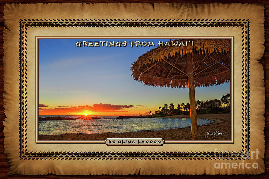 Ko Olina Lagoon Sunset Under a Bamboo Umbrella Oahu Hawaiian Style Postcard Photograph by Aloha Art
