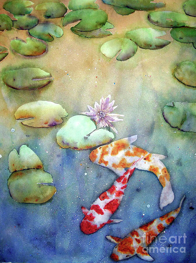 Koi and Lillies Painting by Mishelle Tourtillott