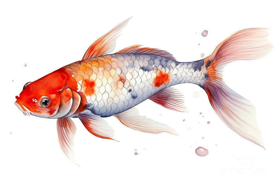 Koi Painting - Koi, Carp Fish On An Isolated White Background, Watercolor Paint by N Akkash