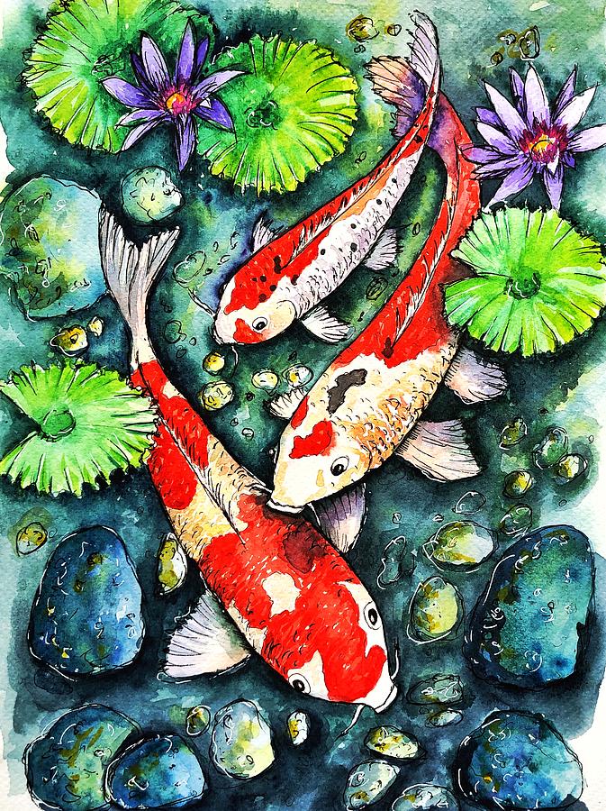 Koi Fish among Lotus Flowers Painting by Tanya Gordeeva