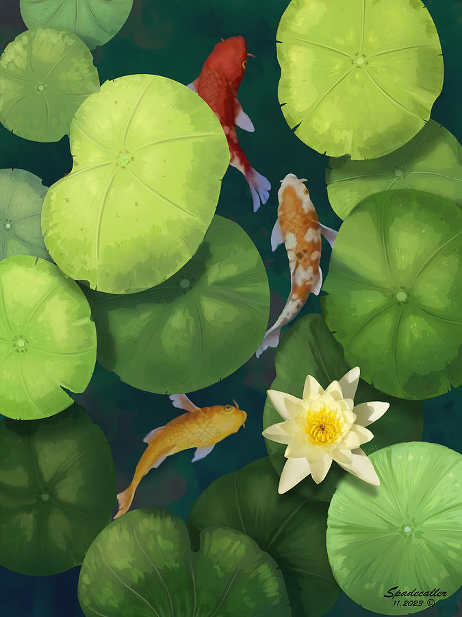 Koi Fish and Water Lilies Digital Art by Spadecaller